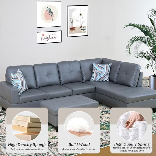 Faux Leather L Shaped Sectional Sofa with Storage Ottoman and Two Pillow C79608