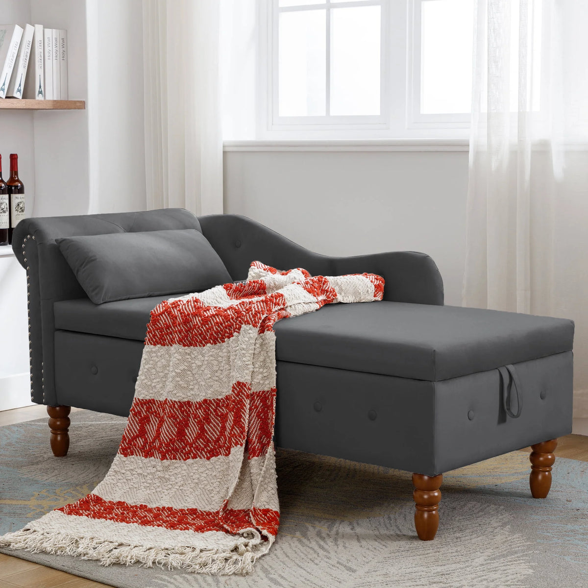 Black Velvet Chaise Lounge with Storage and Pillow L156