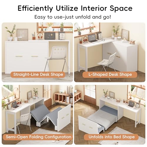 White Twin Folding Murphy Bed with Mattresses and Desk B925