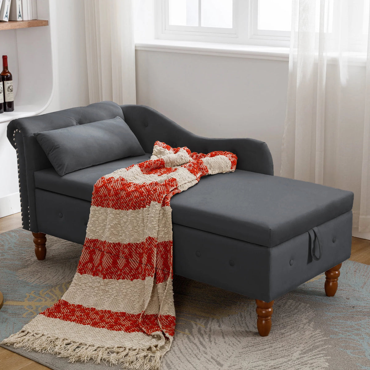Black Velvet Chaise Lounge with Storage and Pillow L156