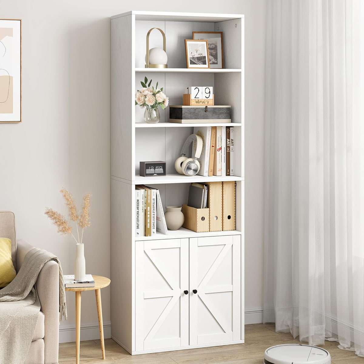 White 6 Shelf Wooden Bookcase with Doors O98609