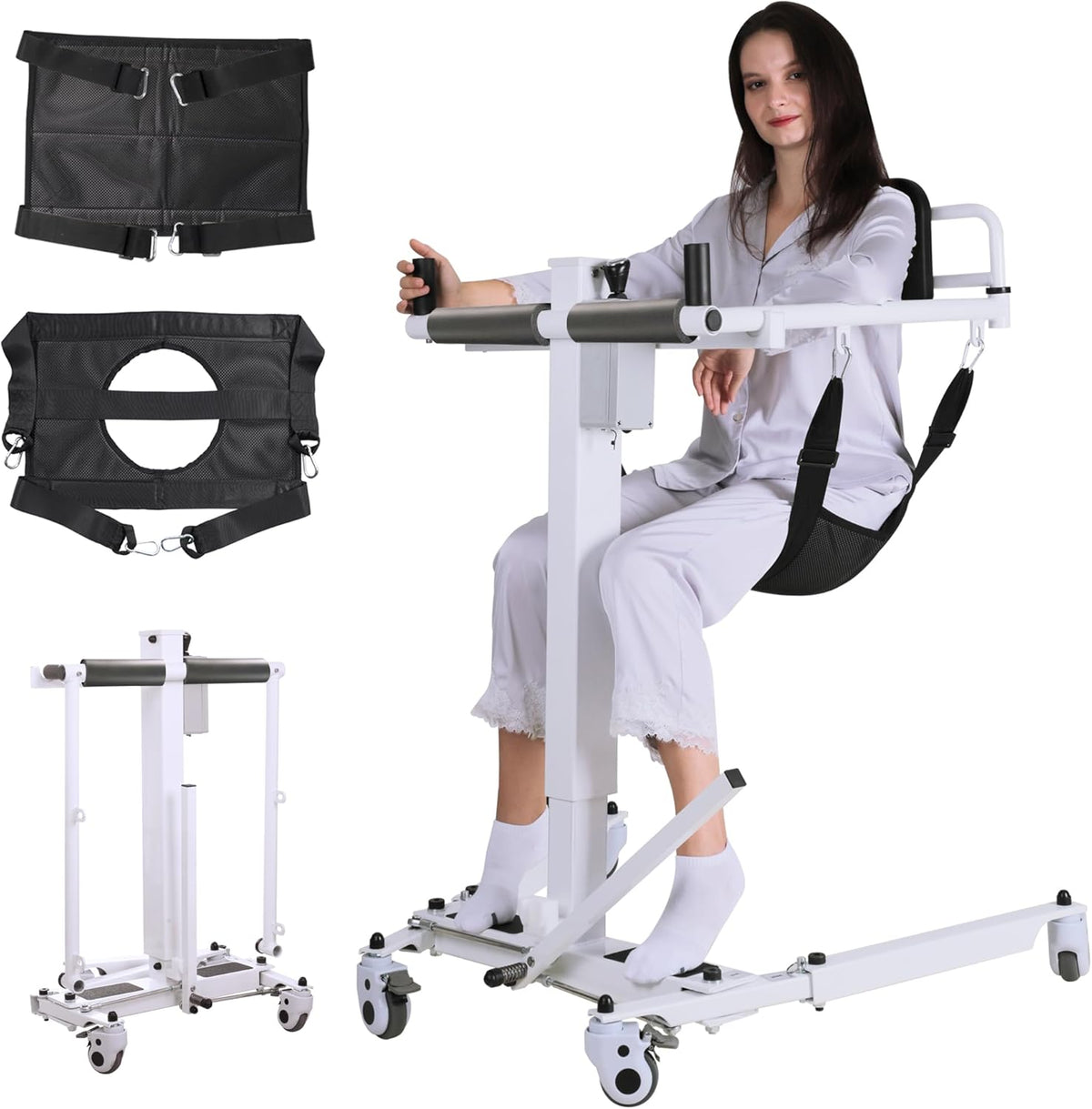 White Foldable Electric Patient Lift Transfer Chair with Adjustable Base S86953