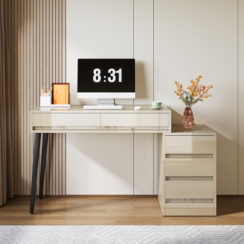 Beige Glossy Desk with 5 Drawers E1948