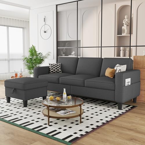 Beige 3 Seat L-Shaped Sectional Sofa with Storage Ottoman A224
