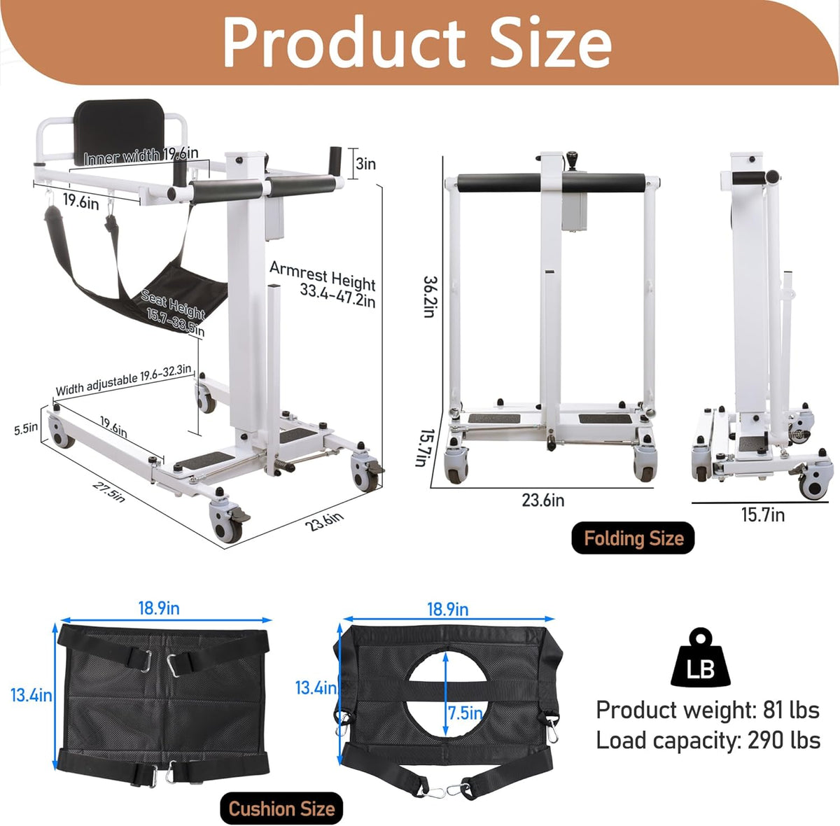 White Foldable Electric Patient Lift Transfer Chair with Adjustable Base S86953
