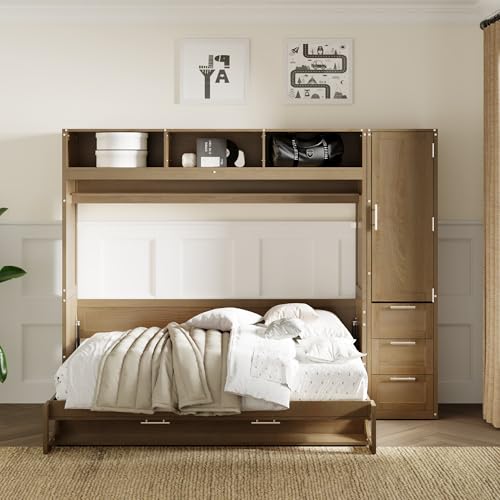 Antique Grey Solid Wood Murphy Bed with Wardrobe and Drawers Z538