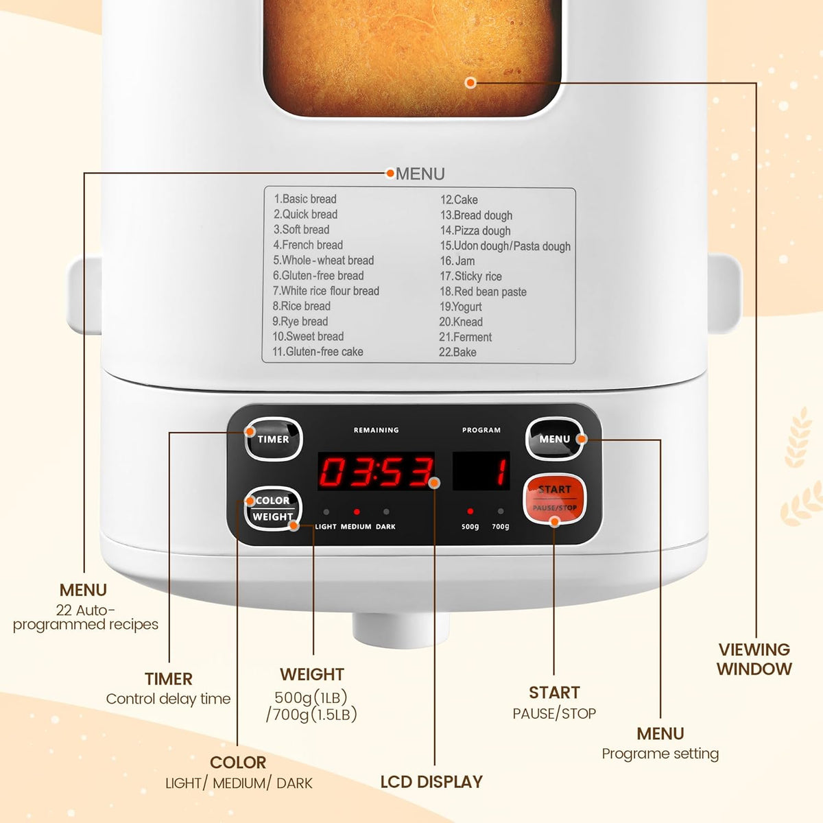 Compact Automatic Bread Maker Machine, 1LB/1.5LB, White L72646