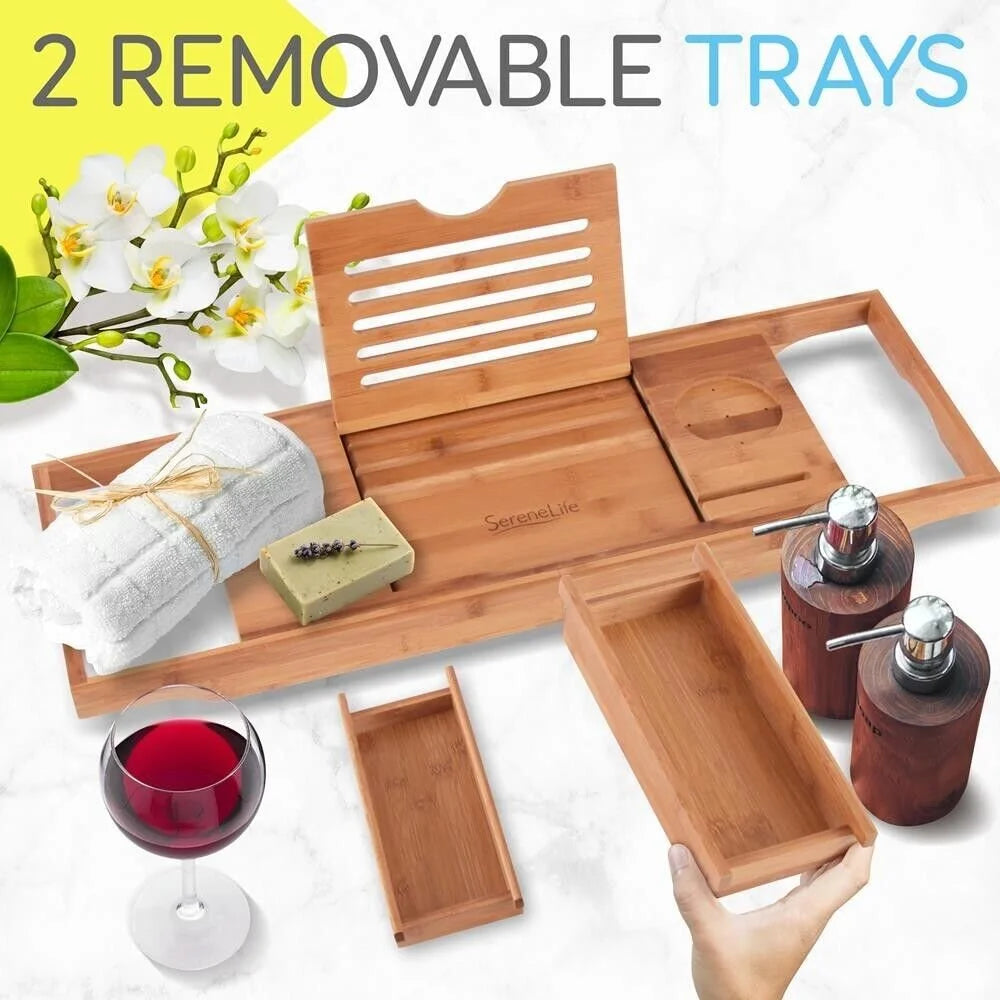 Natural Bamboo Bathtub Caddy with Adjustable Length V3583