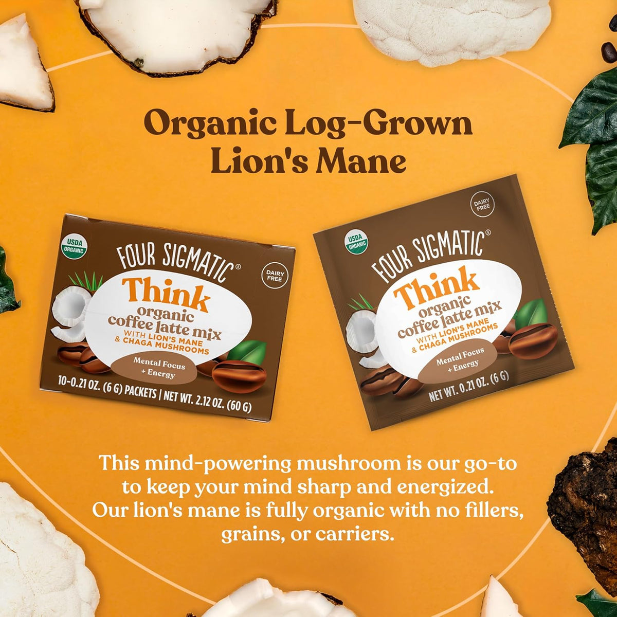 Organic Instant Coffee Latte Mix with Lion's Mane, Chaga Mushrooms & Coconut Milk Powder, 10 Count N83417