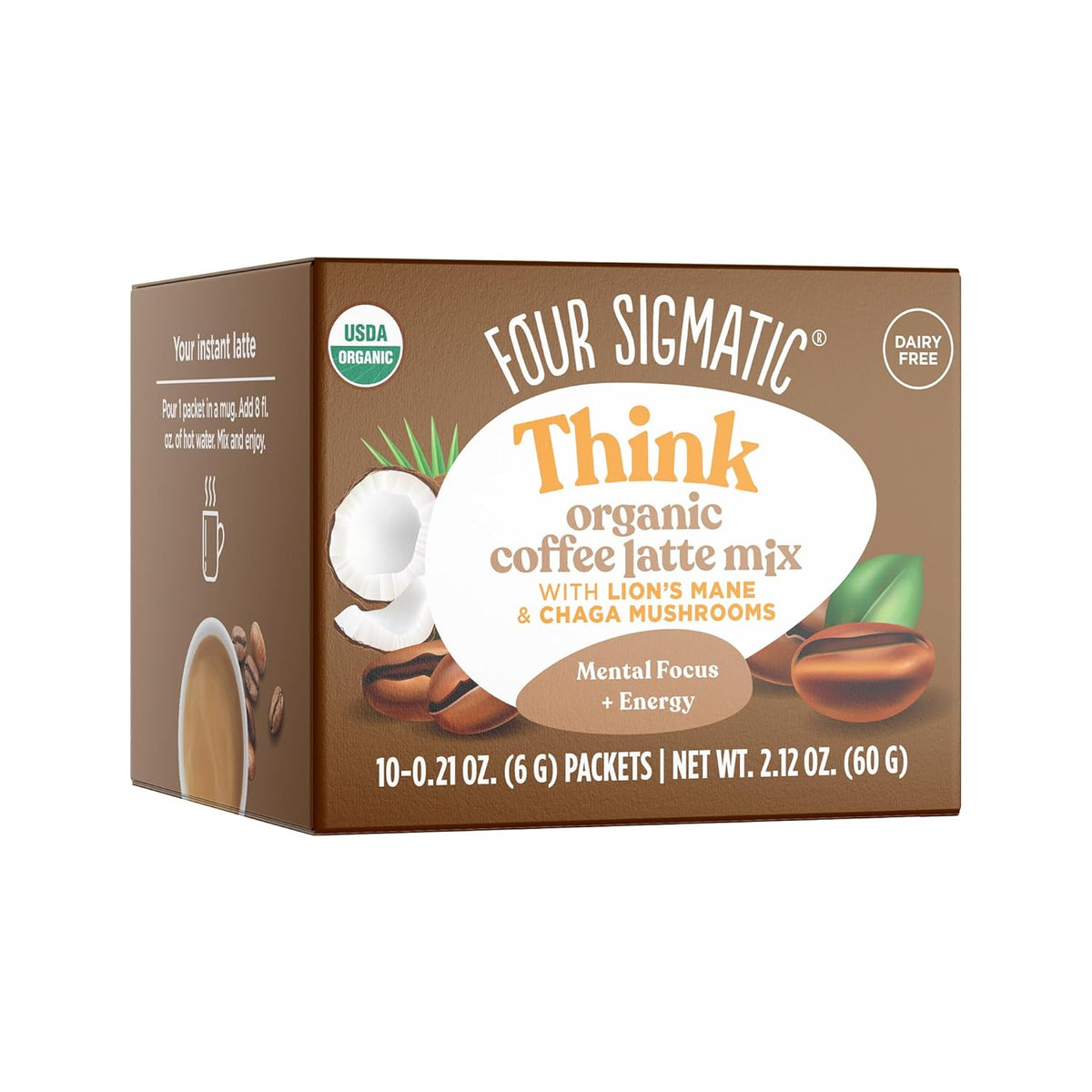 Organic Instant Coffee Latte Mix with Lion's Mane, Chaga Mushrooms & Coconut Milk Powder, 10 Count N83417