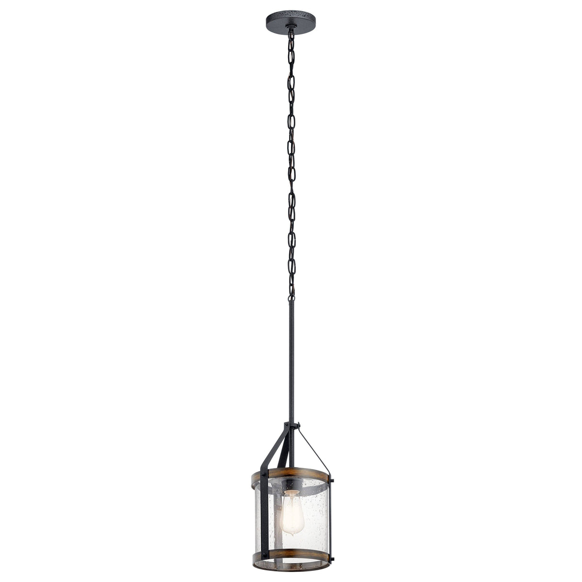 Distressed Black and Wood Seeded Glass Mini Pendant Light V86509