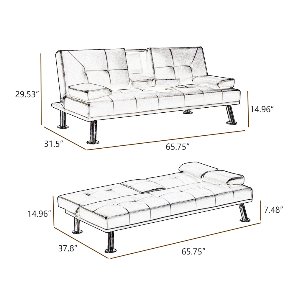 Gray Faux Leather Loveseat Sofa Bed with Cup Holders W362654