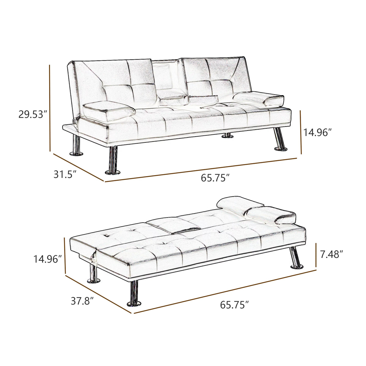 Gray Faux Leather Loveseat Sofa Bed with Cup Holders W362654