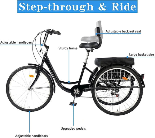 26 Inch 3 Wheels Adult Tricycle with 7 Speed Gear System C8964