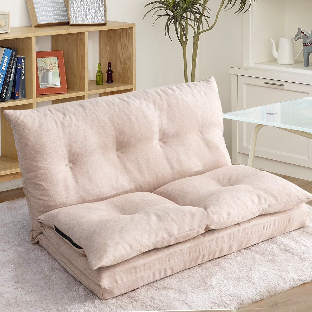 Foldable Double Chaise Lounge Floor Sofa Chair with Two Pillows R91722