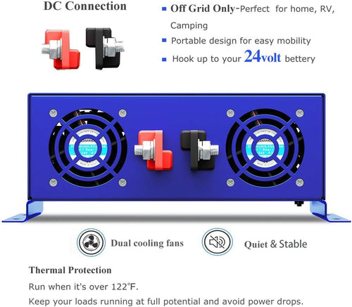 2500W Pure Sine Wave Power Inverter 24V to 110V 120V with 15ft Remote Switch L4173