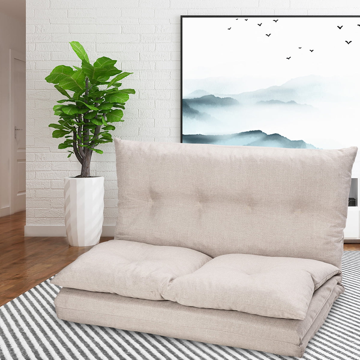 Foldable Double Chaise Lounge Floor Sofa Chair with Two Pillows R91722
