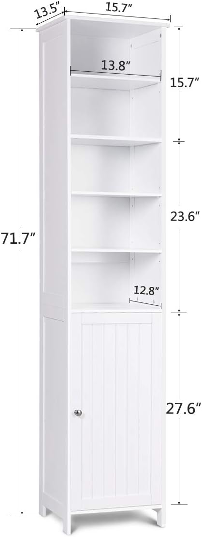 White Tall Bathroom Storage Cabinet with Door and 5 Adjustable Shelves L862