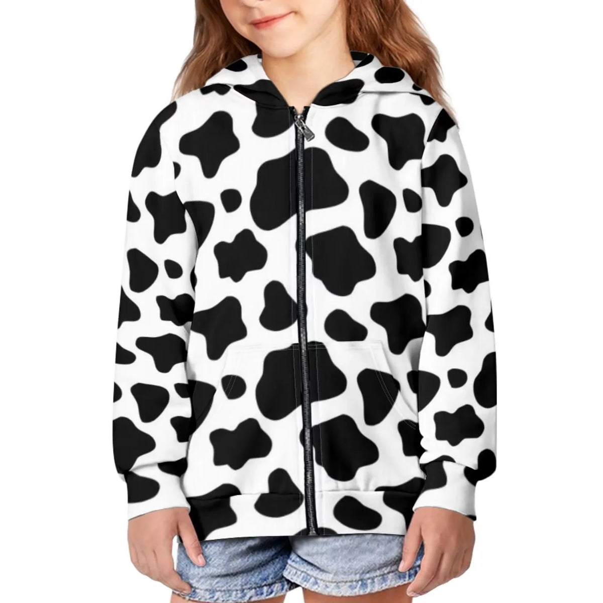 Milk Cow Print Zip Up Hoodies Sweatshirt B8826
