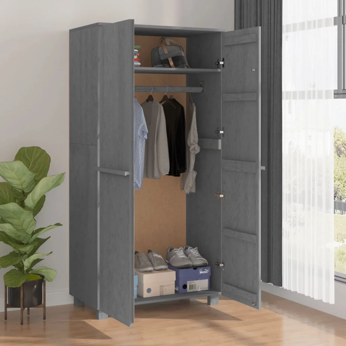 Dark Gray Solid Wood Pine Wardrobe X7515