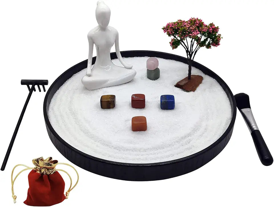 7 Chakra Stones Zen Garden Kit with Black Round Tray D5519