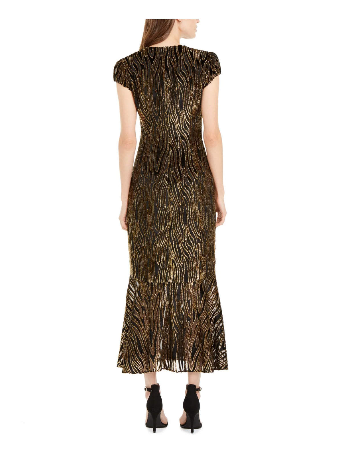 Black Textured Printed Cap Sleeve V Neck Maxi Trapeze Dress Q7170