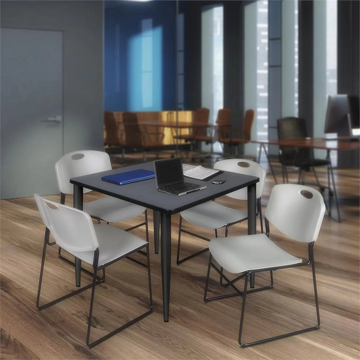 48" Square Breakroom Table & 4 Stack Chairs F1490