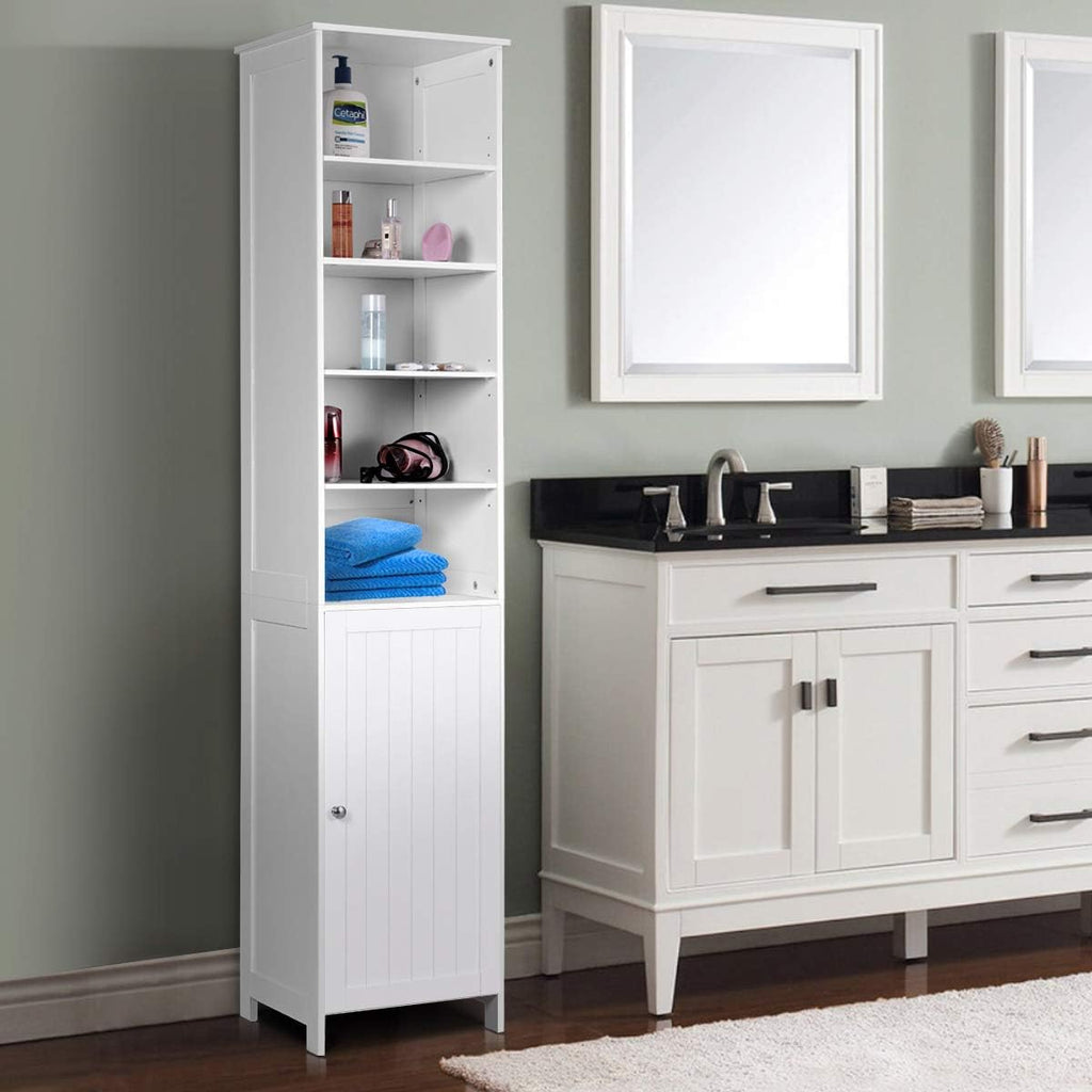 White Tall Bathroom Storage Cabinet with Door and 5 Adjustable Shelves L862
