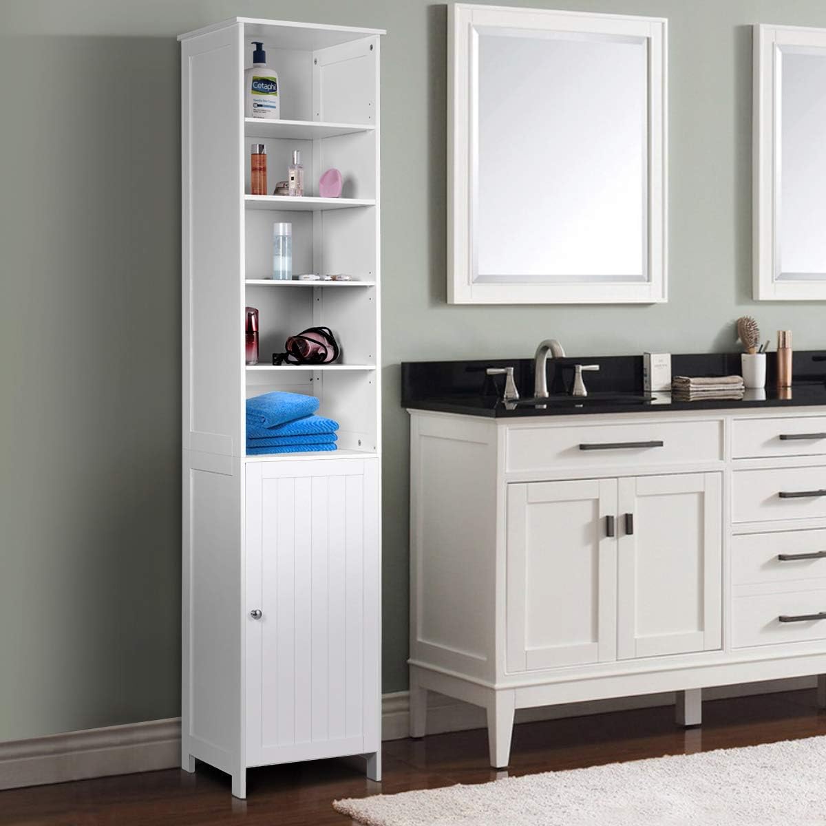 White Tall Bathroom Storage Cabinet with Door and 5 Adjustable Shelves L862