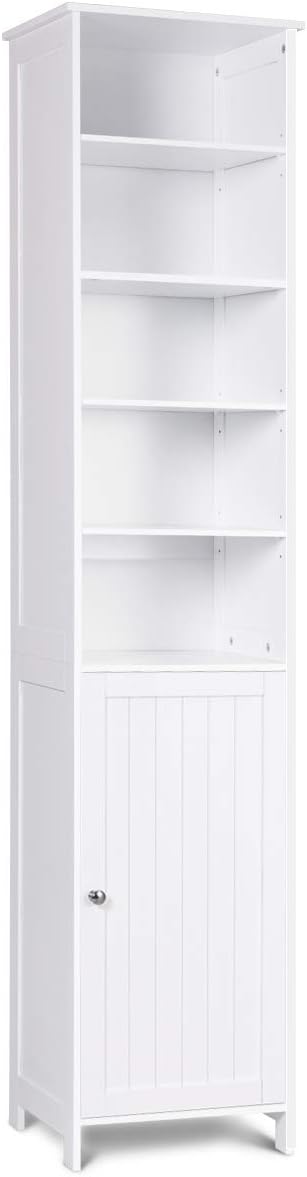 White Tall Bathroom Storage Cabinet with Door and 5 Adjustable Shelves L862