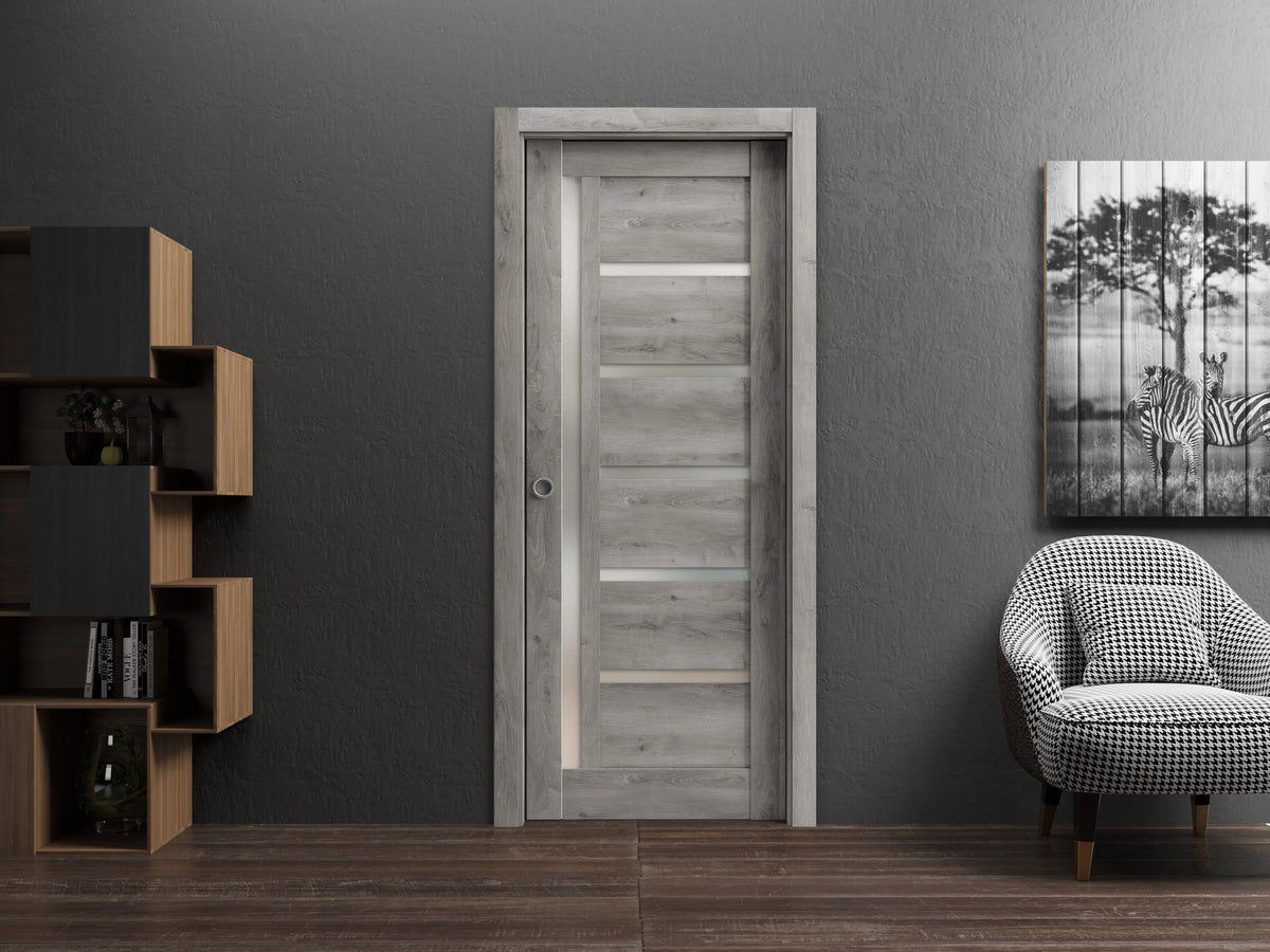 Solid Wood Sliding French Pocket Door with Frosted Glass D804