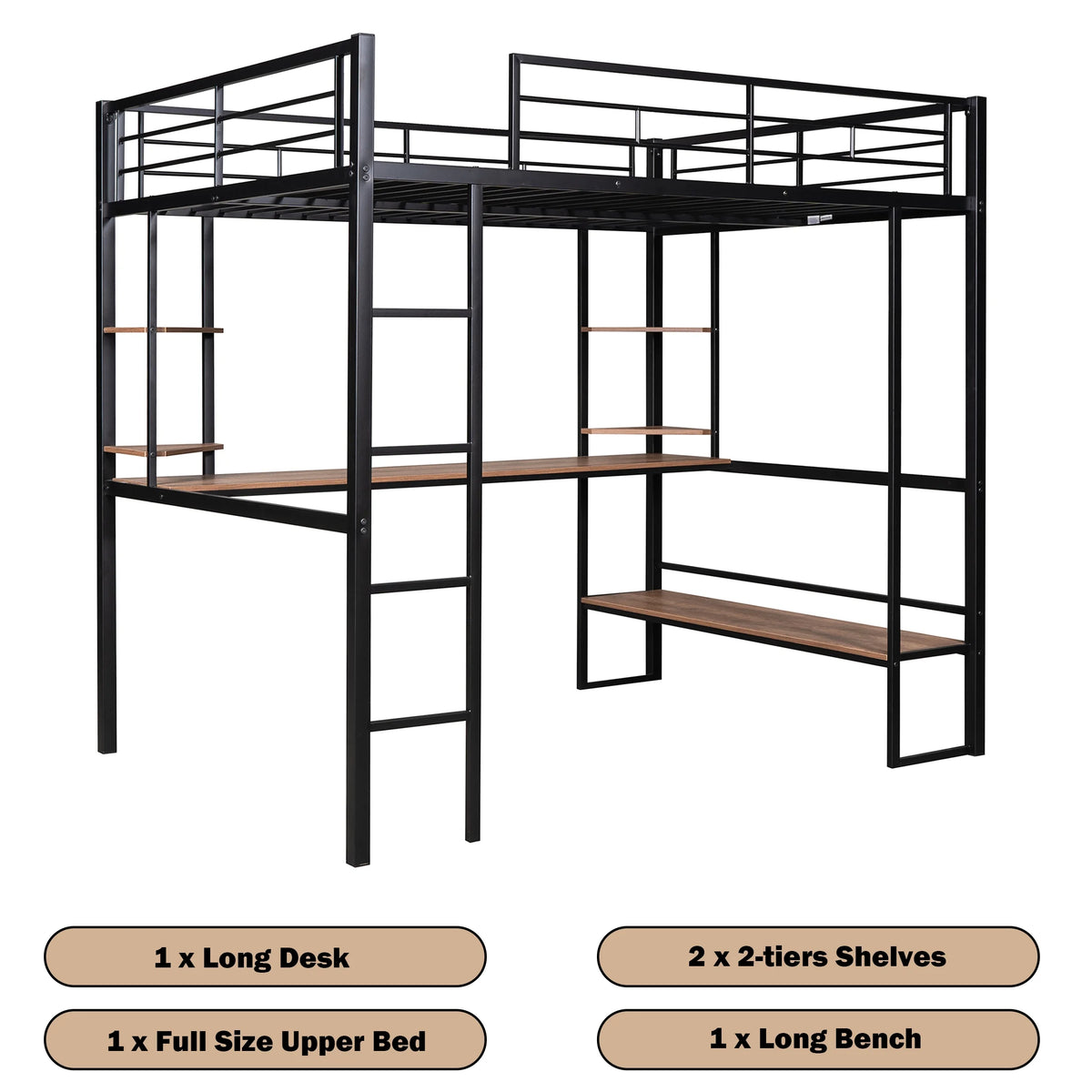 Full Size Metal Loft Bed with Desk and Shelves O336