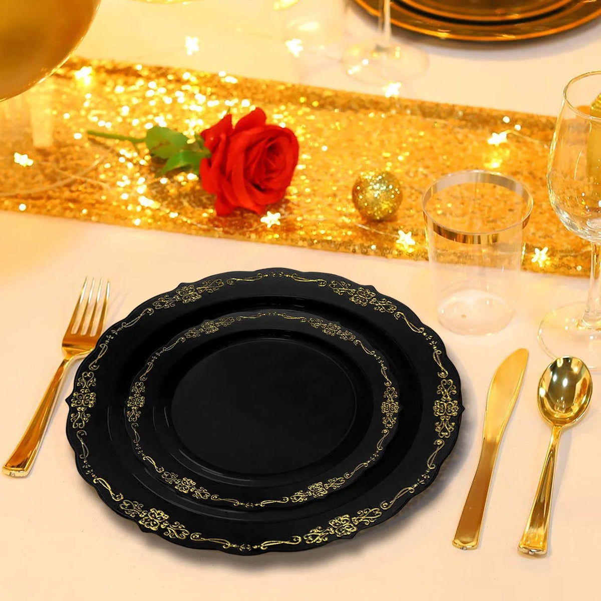 Black Gold Disposable Plastic Wedding Value Set (60 Guests) P845