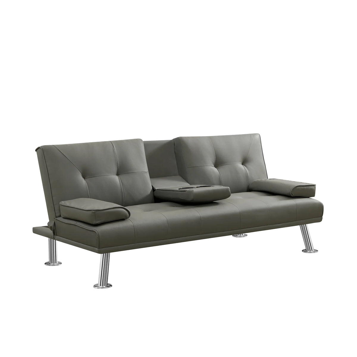 Gray Faux Leather Loveseat Sofa Bed with Cup Holders W362654