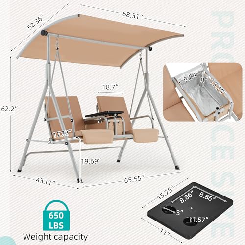 2 Seat Outdoor Porch Swing with Adjustable Canopy and Cushions C3328