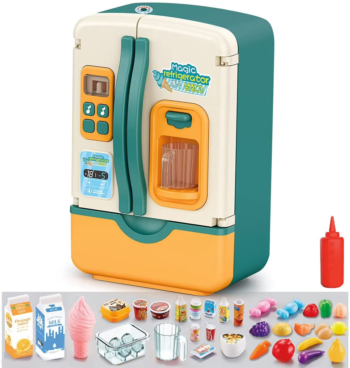 Kids Kitchen Toys Fridge Refrigerator Play Kitchen Set with Accessories Music and Light M73504