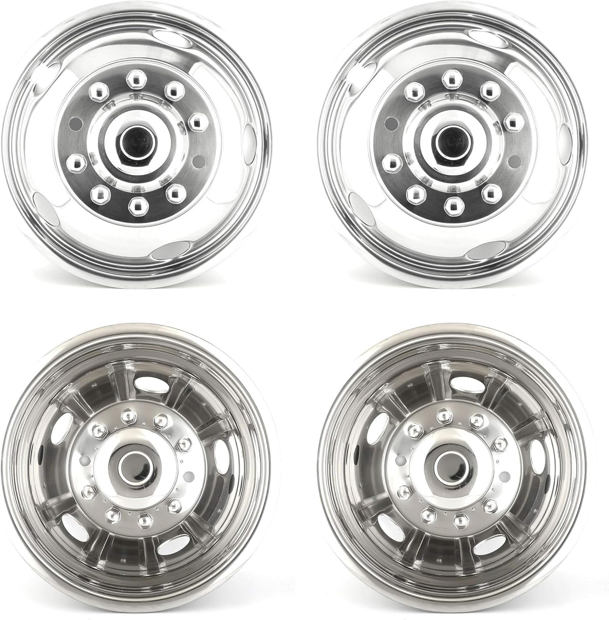 4pcs 19.5 Dually Steel Wheel Simulators Hub Covers 10 Lug Bolt on 304L Stainless Steel Polished Hub Cap Skins Liners G302