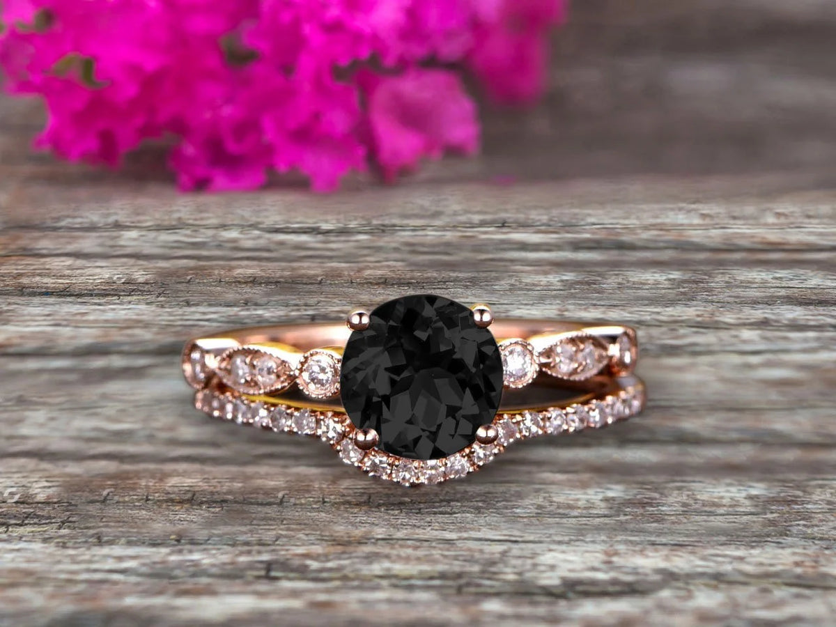 2 Carat Black Diamond Moissanite 10k Rose Gold Wedding Set Ring I148