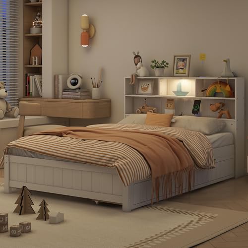 White Twin Size Platform Bed with Bookcase Headboard and 2 Storage Drawers R5608