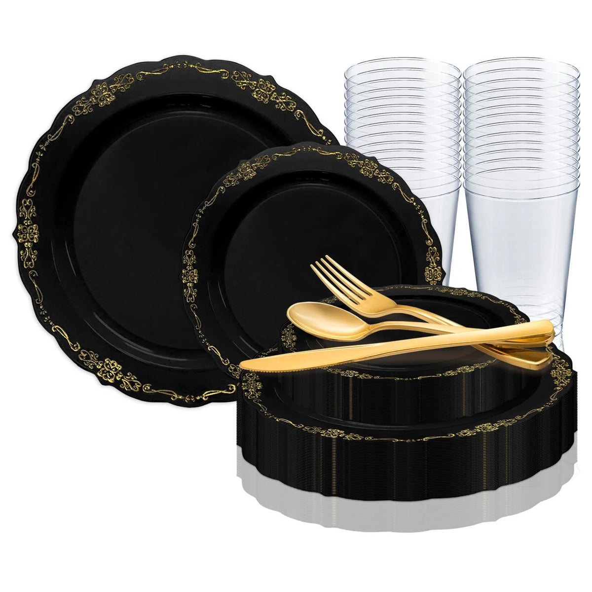 Black Gold Disposable Plastic Wedding Value Set (60 Guests) P845