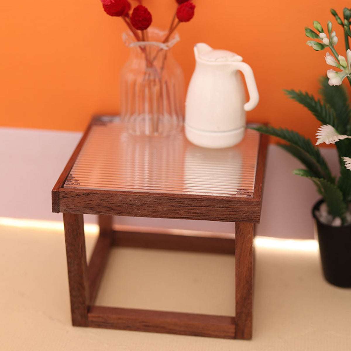 Mini Table Acrylic Black Walnut Wood for 1/12 Doll House J967