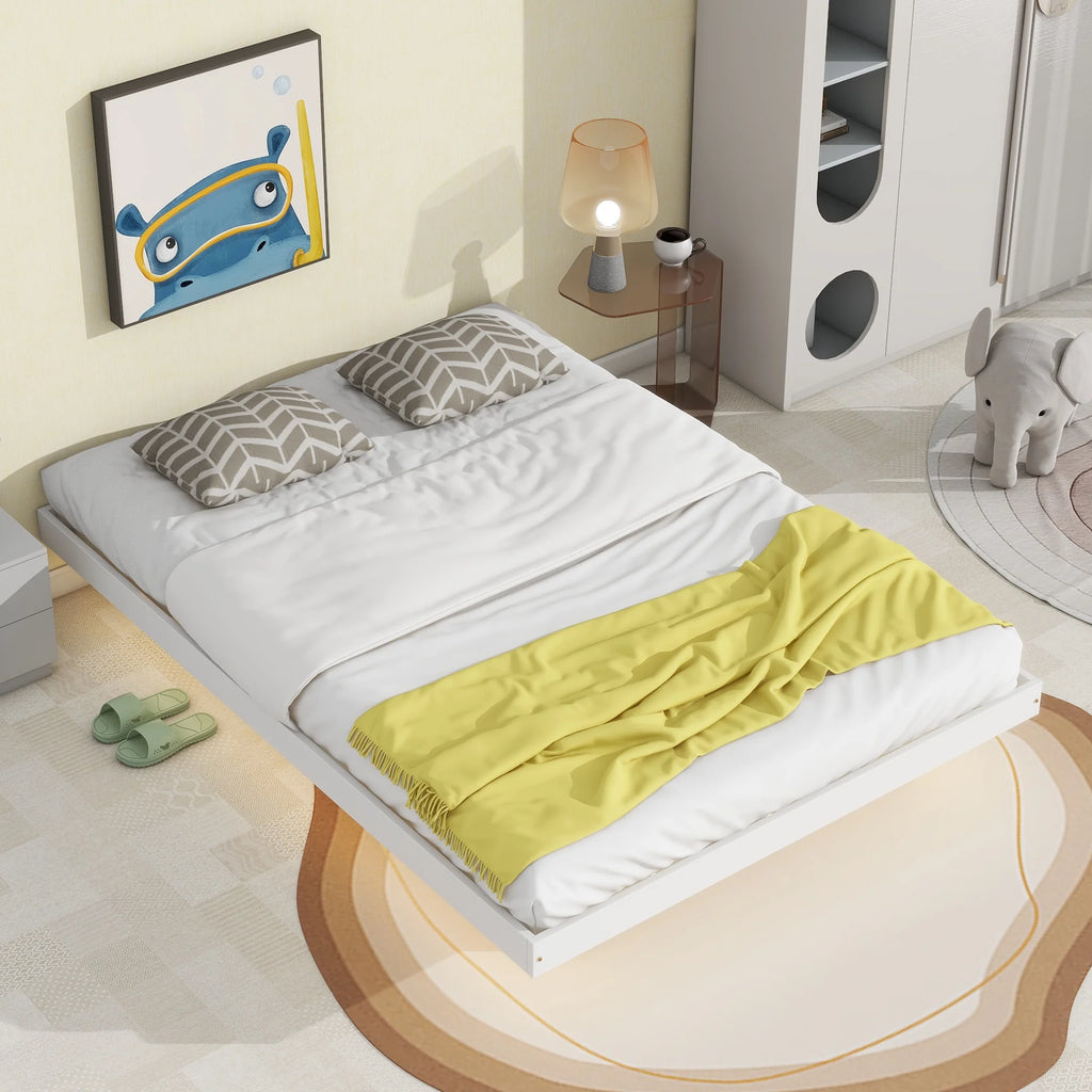 White Full Size Floating Bed Frame with LED Lights J375574