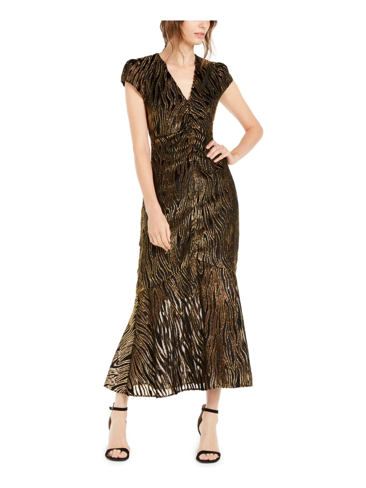 Black Textured Printed Cap Sleeve V Neck Maxi Trapeze Dress Q7170