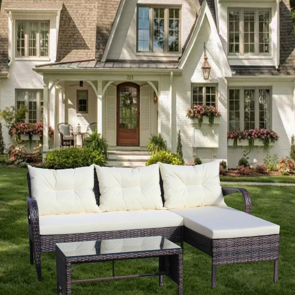 3 Piece Wicker Rattan Sectional Sofa with Beige Seat Cushions Z553869