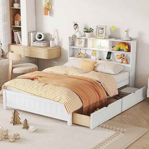 White Twin Size Platform Bed with Bookcase Headboard and 2 Storage Drawers R5608