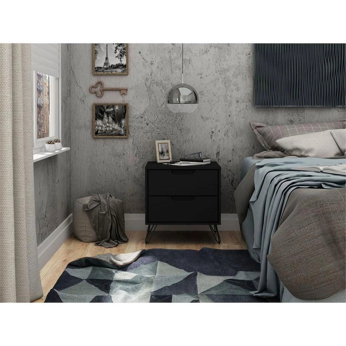 2-Drawer Black Engineered Wood Nightstand C990