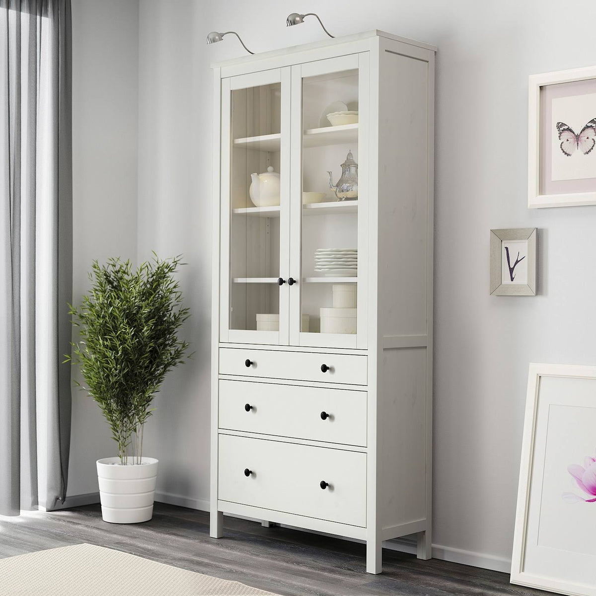 White Glass-Door Cabinet with 3 Drawers T2206