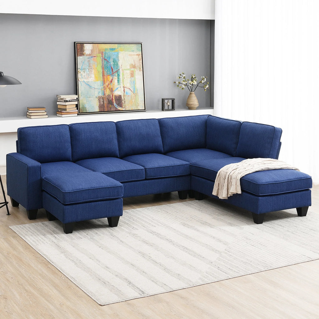 Blue Linen Fabric L-shaped Sectional Sofa I678108