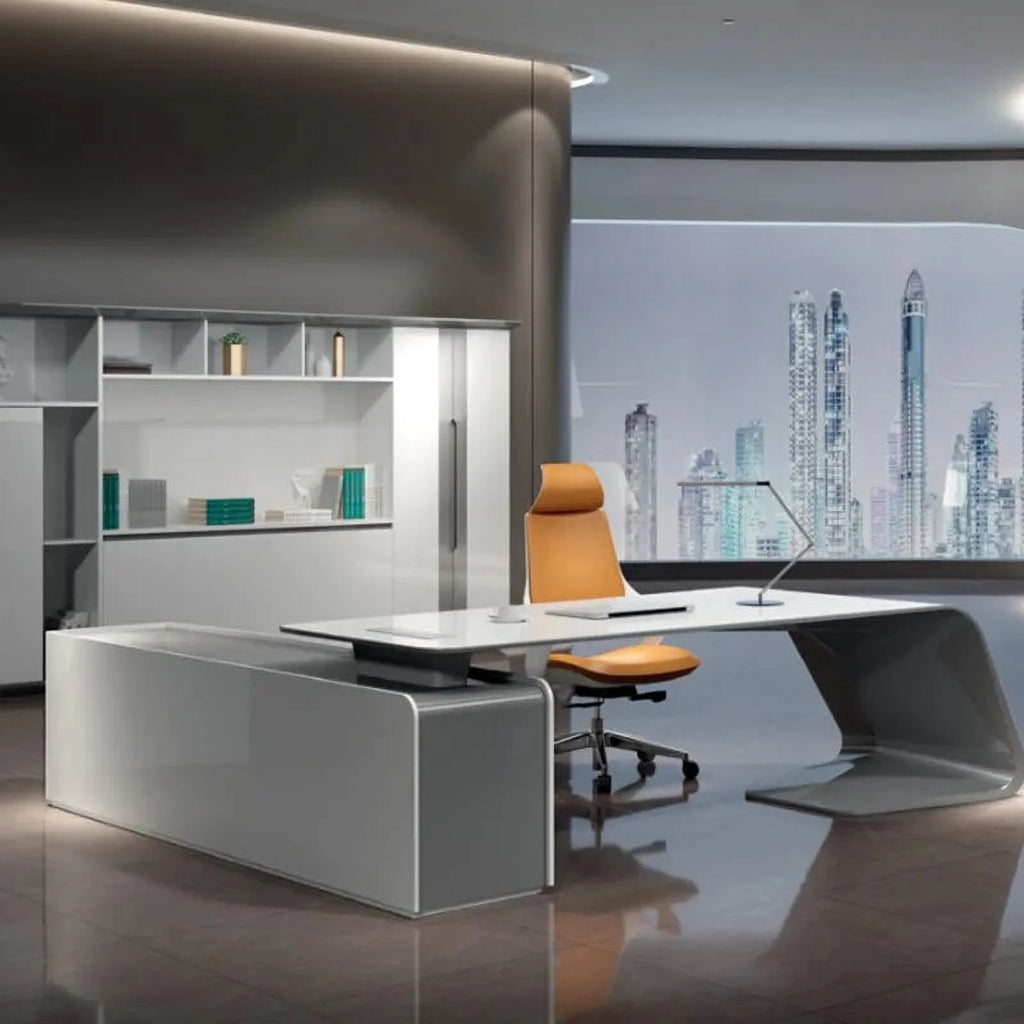 White L Shape Office Desk with Drawer L19709